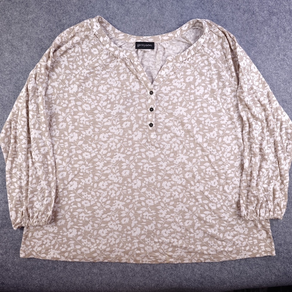 Grayson‎ Long Sleeve Henley Blouse XL Beige White Floral Balloon Sleeve
